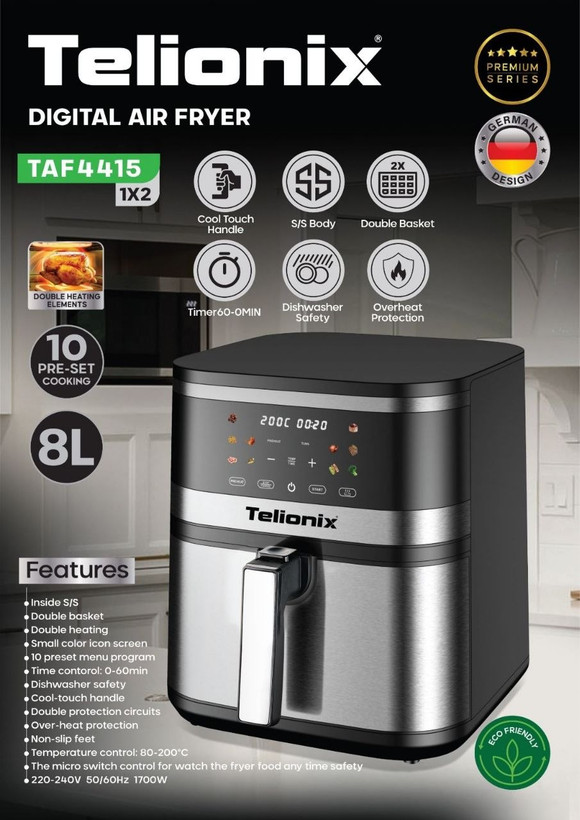 سرخکن بدون روغن تلیونیکس مدل TAF4415 با ظرفیت ۸ لیتر و دو سبد